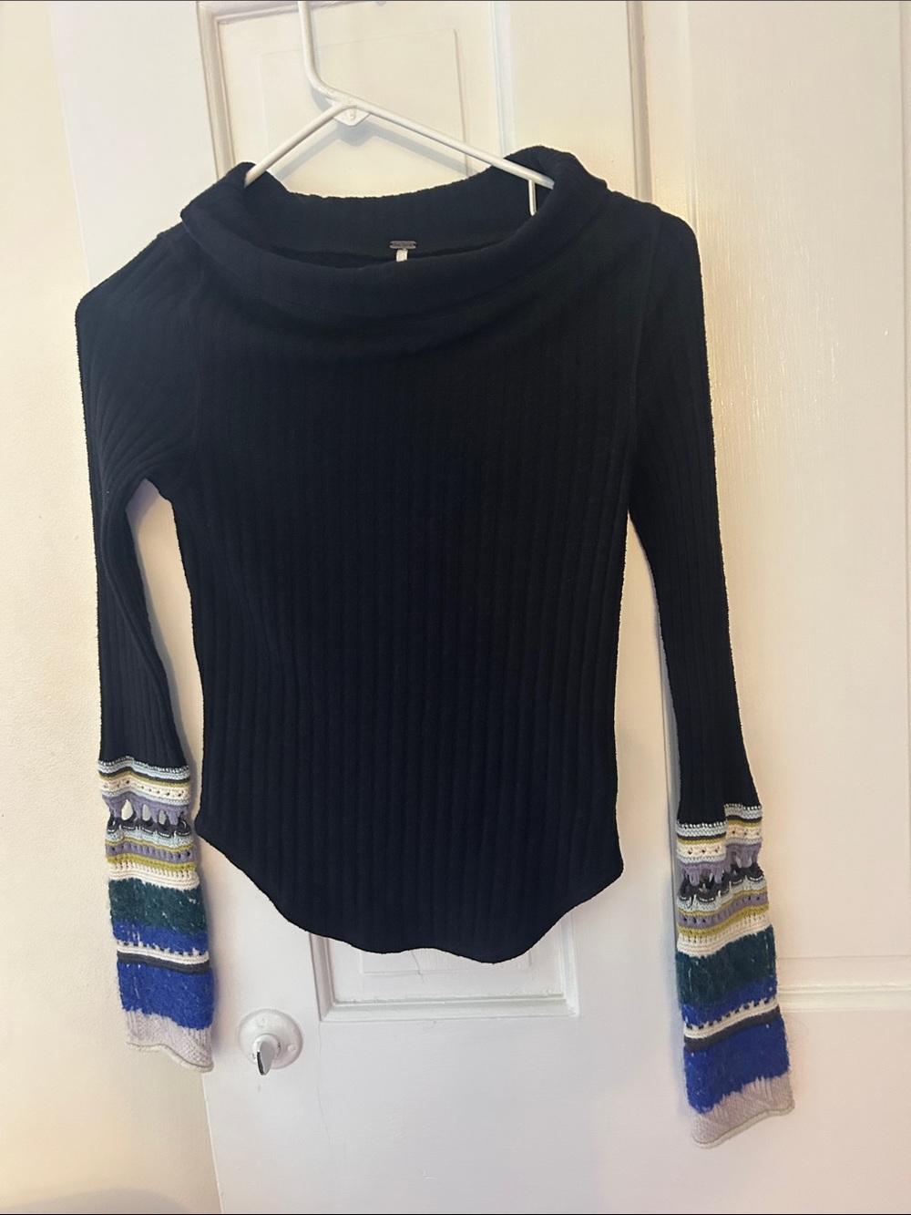 Free People Navy Ribbed Cowl-Neck Sweater with Multicolor Crochet Cuffs